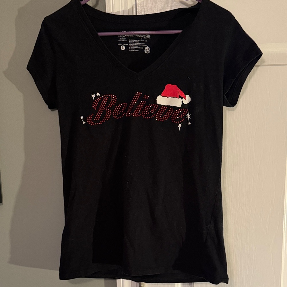 L.O.L. Vintage Black V-Neck Tee with Red and White Santa Hat Accent